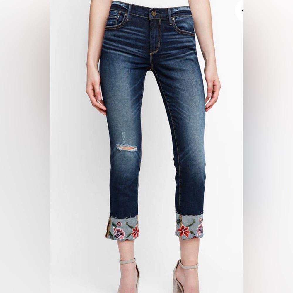 Sundance Driftwood embroidered cuff Jeans Sz 30 Colette $138 crop denim anthro